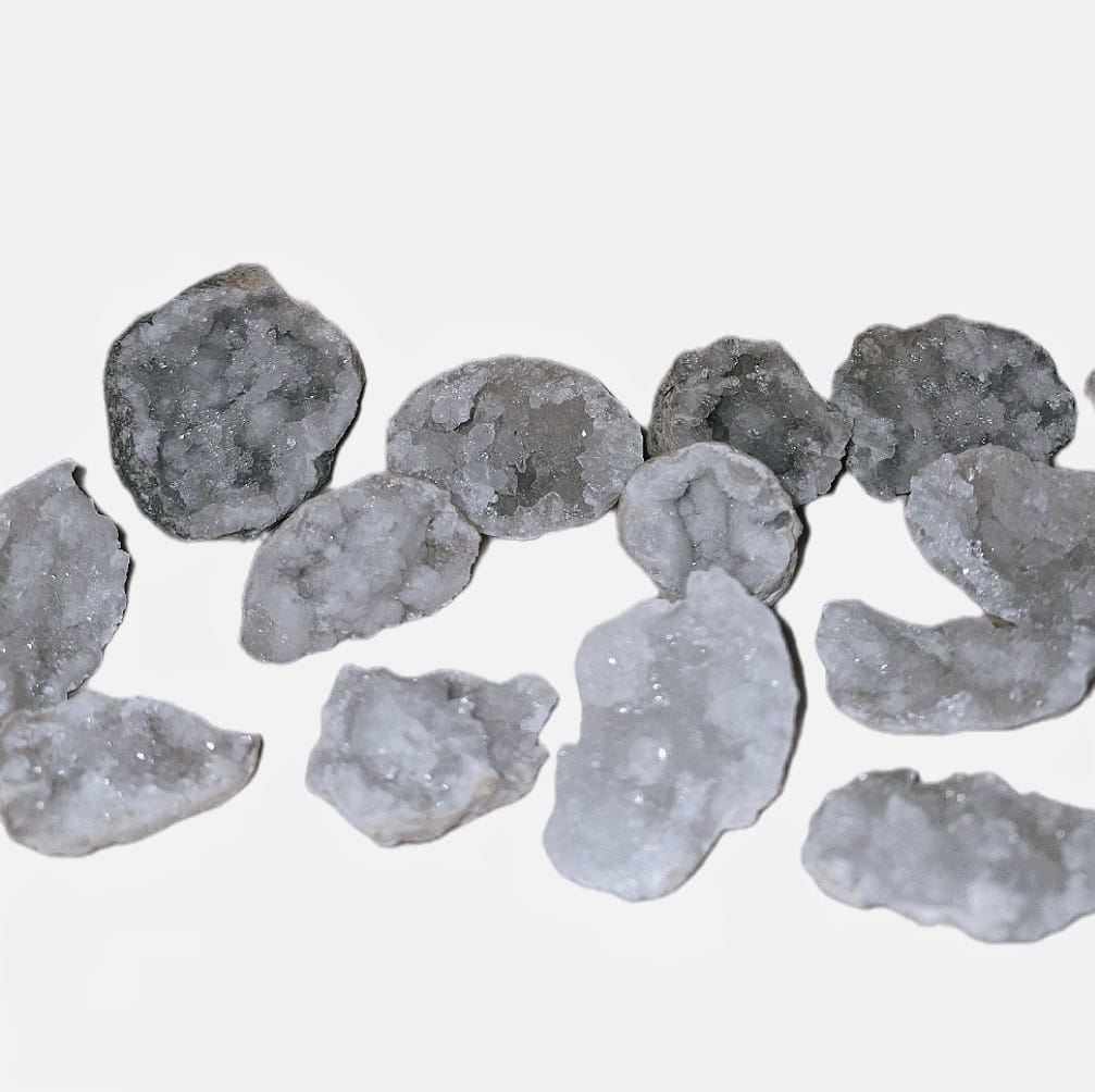 Raw clear quartz geode specimens